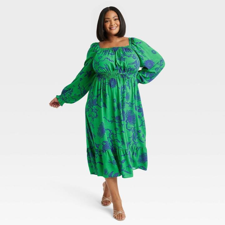 Women's Bishop Long Sleeve Woven Dress - Ava & Viv Green Floral