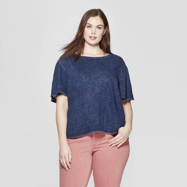 Women's Plus Size Short Flutter Sleeve Crew Neck Top - Universal Thread Indigo X, Blue