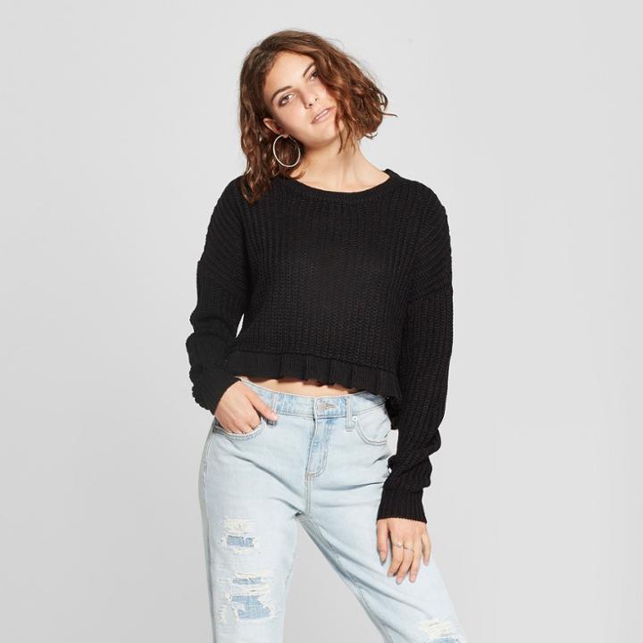 Women's Long Sleeve Ruffle Hem Crop Sweater - Love @ First Sight (juniors') Black