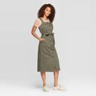 Women's Sleeveless Square Neck Midi Button Front Belted Dress - Universal Thread Olive (green)