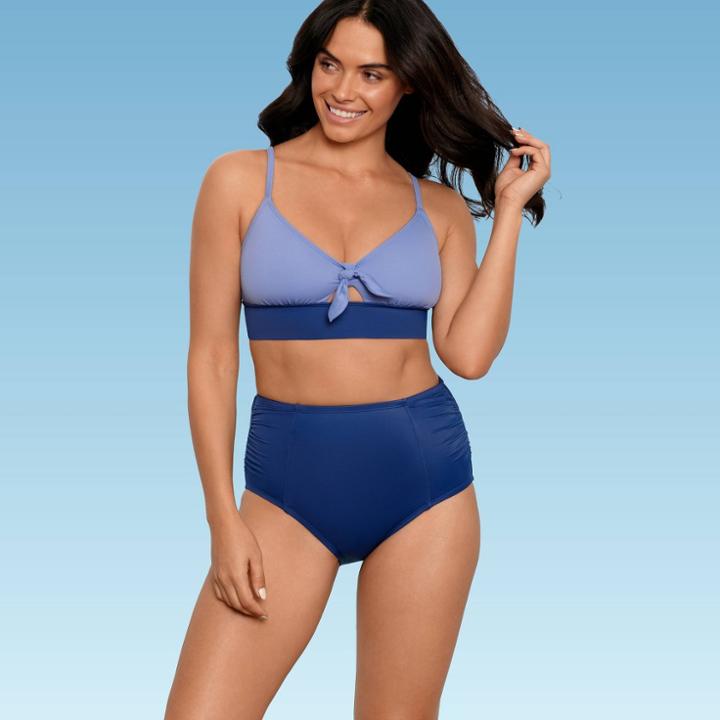 Women's Slimming Control Tie-front Colorblock Bikini Top - Beach Betty By Miracle Brands Blue