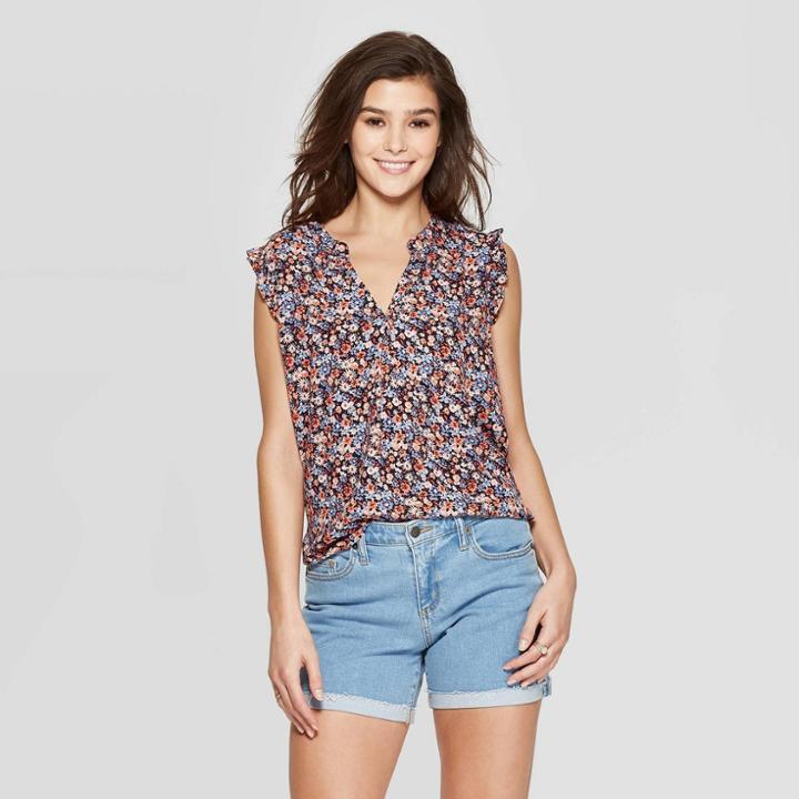 Women's Sleeveless V-neck Ruffle Detail Blouse - Universal Thread Navy