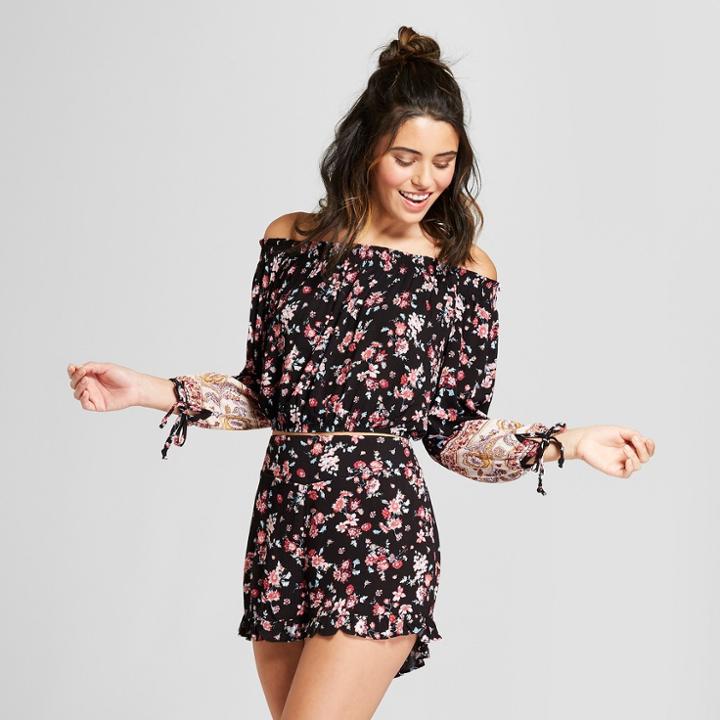 Women's Floral Print Off The Shoulder Long Sleeve Crop Top - Xhilaration Black