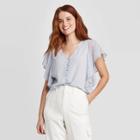 Women's Geometric Print Flutter Short Sleeve Button-front Top - A New Day Blue