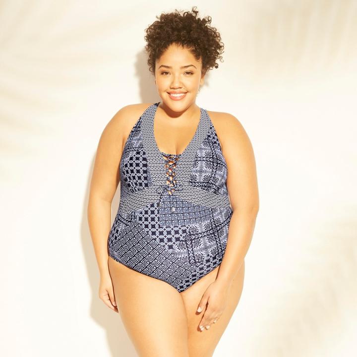 Women's Plus Size Laceup One Piece Swimsuit - Kona Sol Navy/white