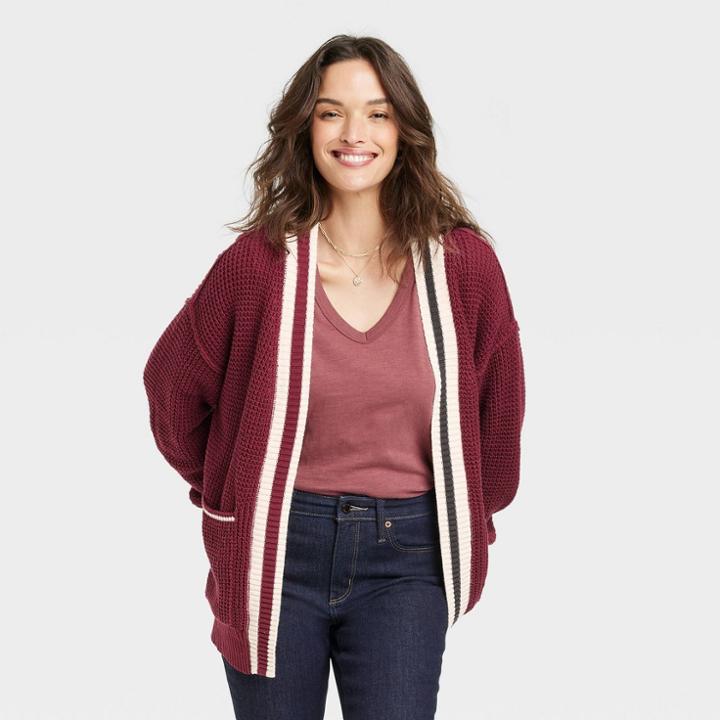 Women's Open-front Cardigan - Universal Thread Burgundy Striped Xs, Red