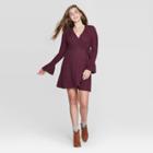 Women's Long Sleeve V-neck Wrap Sweater Knit Mini Dress - Xhilaration Purple