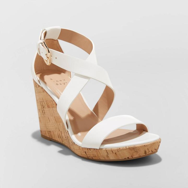 Women's Cecilia Faux Leather Cork Bottom Strappy Wedge Pumps - A New Day White