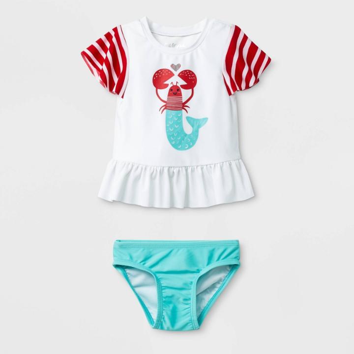 Petitebaby Girls' Short Sleeve Lobster Rash Guard Set - Cat & Jack White 9m, Girl's, Red/white