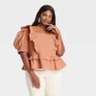 Women's Plus Size Puff Short Sleeve Ruffle Peplum Blouse - Universal Thread Brown