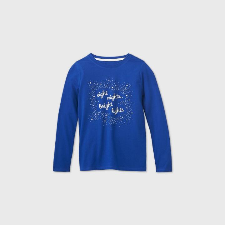 Girls' Long Sleeve 'eight Nights, Bright Lights' Graphic T-shirt - Cat & Jack Blue