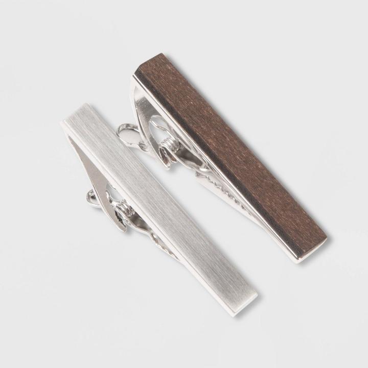 Men's 45mm Brushed Wood And Rhodium Tie Clip 2pc - Goodfellow & Co Silver/brown One Size, Men's,