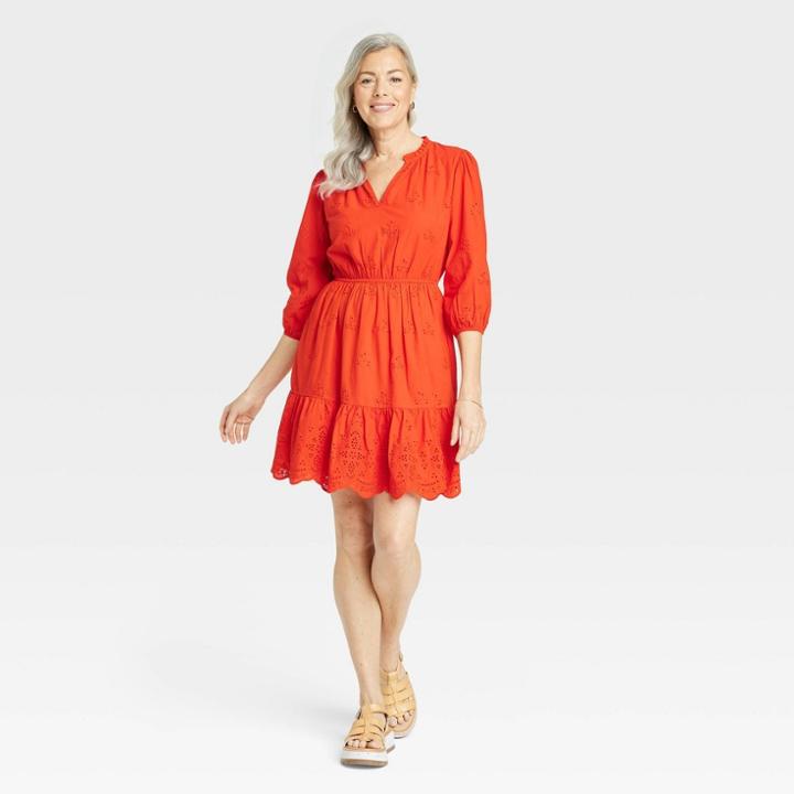 Women's Bishop 3/4 Sleeve Eyelet A-line Dress - Knox Rose Orange