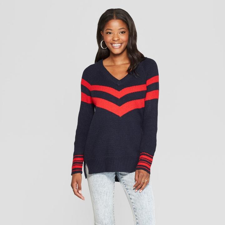 Women's Striped Long Sleeve Varsity Pullover Sweater - Almost Famous (juniors') Navy