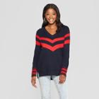 Women's Striped Long Sleeve Varsity Pullover Sweater - Almost Famous (juniors') Navy