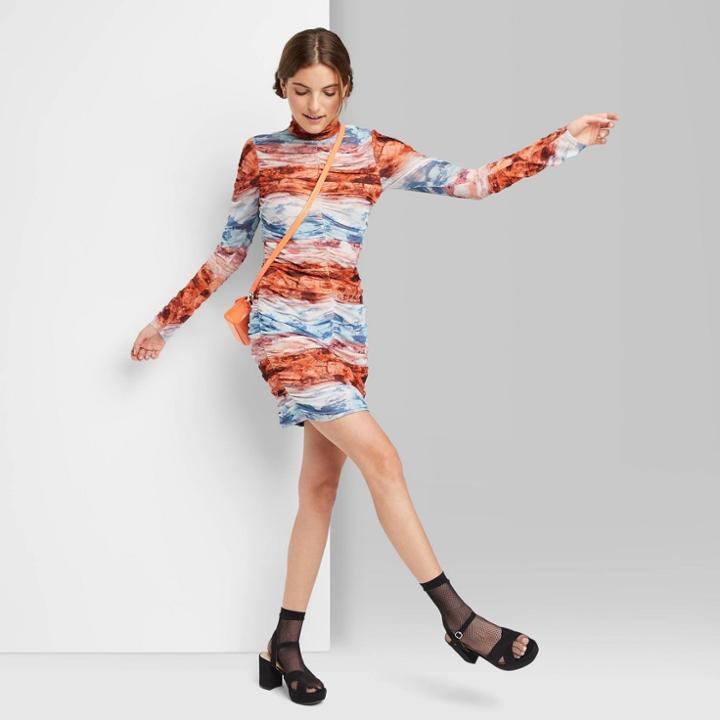 Women's Long Sleeve Ruched Mesh Bodycon Dress - Wild Fable Rust Tie-dye Xs, Red Tie-dye