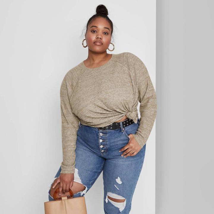 Women's Plus Size Long Sleeve Waffle T-shirt - Wild Fable Olive Green 1x, Green Green
