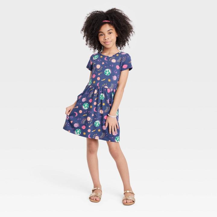 Girls' Printed Short Sleeve Knit Dress - Cat & Jack Navy