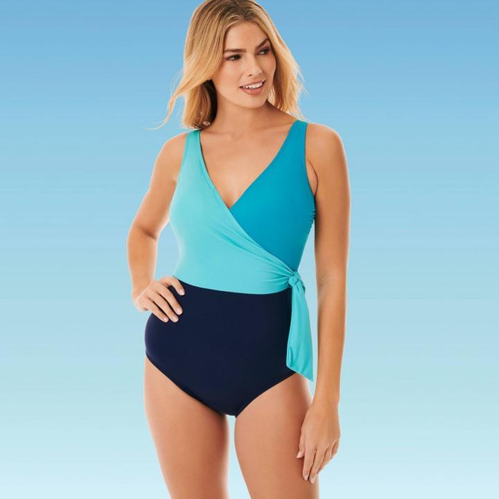 Women's Slimming Control Colorblock Wrap One Piece Swimsuit - Dreamsuit By Miracle Brands 8, Women's, Blue