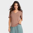 Women's Short Sleeve V-neck Drapey T-shirt - A New Day Light Brown