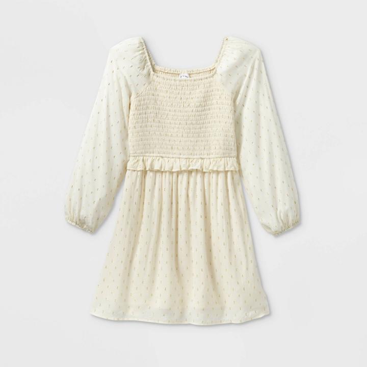 Girls' Smocked Challis Long Sleeve Dress - Art Class Cream