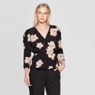 Women's Floral Print Puff Long Sleeve V-neck Ruched Peplum Blouse - Who What Wear Black