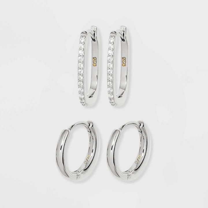 Sterling Silver Polished Round And Pave Rectangular Huggie Hoop Earrings 2pc - A New Day