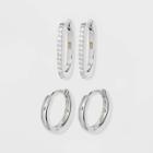 Sterling Silver Polished Round And Pave Rectangular Huggie Hoop Earrings 2pc - A New Day