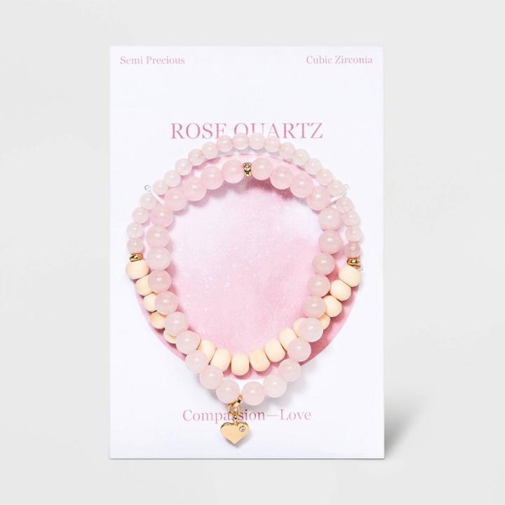 No Brand Semi-precious Rose Quartz And Wood Beads With Heart Charm Stretch And Multi-strand Bracelet