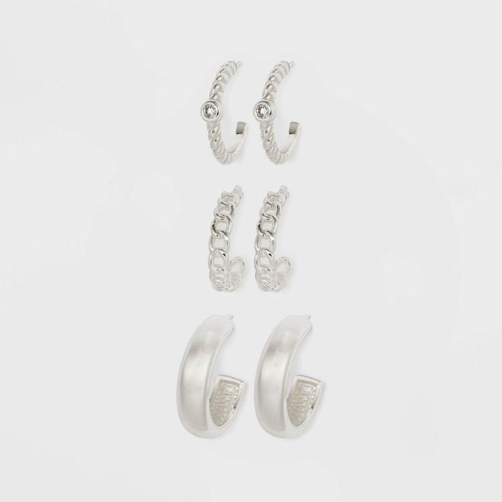 Sterling Cubic Zirconia Hoop Drop Earring Set 3pc - A New Day , Grey/nickel/silver