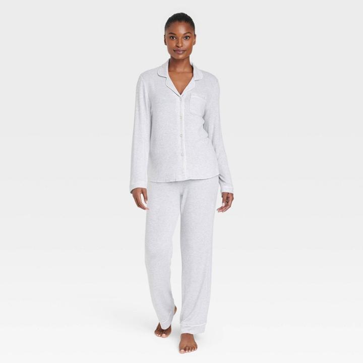 Women's Perfectly Cozy Long Sleeve Notch Collar Top And Pant Pajama Set - Stars Above Gray