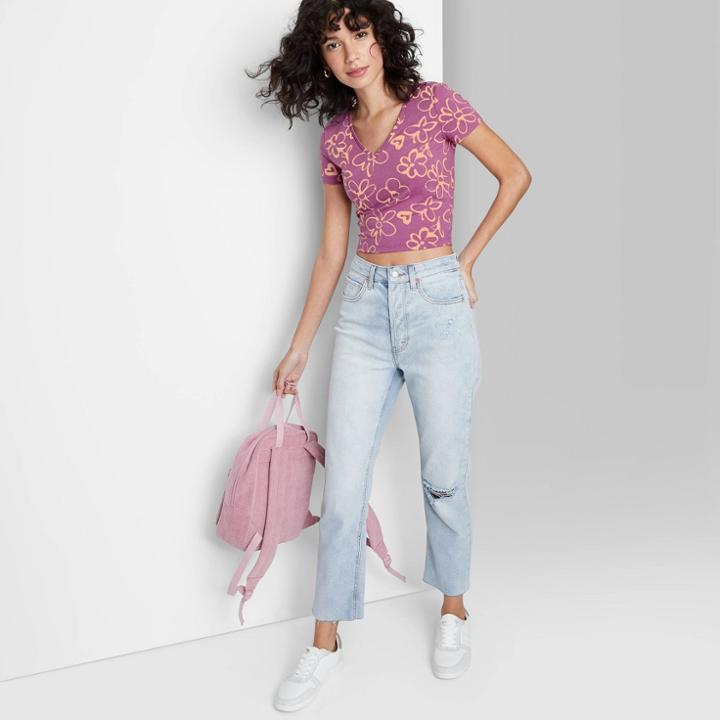 Women's Short Sleeve V-neck Cropped T-shirt - Wild Fable Purple Floral