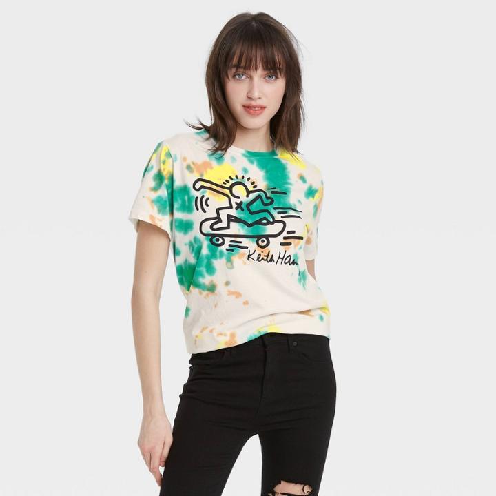Women's Keith Haring Skateboard Short Sleeve Graphic Boyfriend T-shirt - White Tie-dye