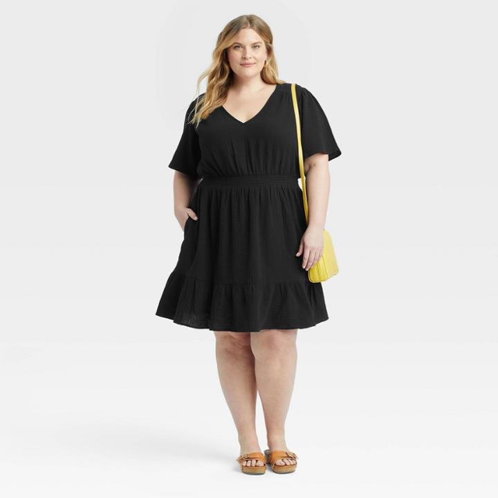 Women's Plus Size Flutter Short Sleeve Gauze A-line Dress - Knox Rose Black