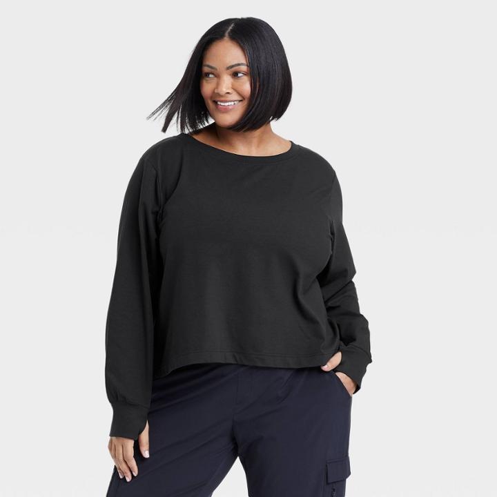 Women's Plus Size Supima Cotton Long Sleeve Top - All In Motion Black