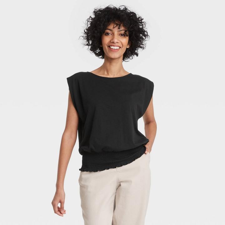 Women's Short Sleeve Boat Neck Smocked Hem T-shirt - A New Day Black
