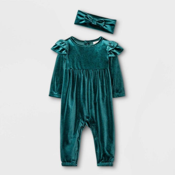 Baby Girls' Velour Long Sleeve Romper - Cat & Jack Dark Green