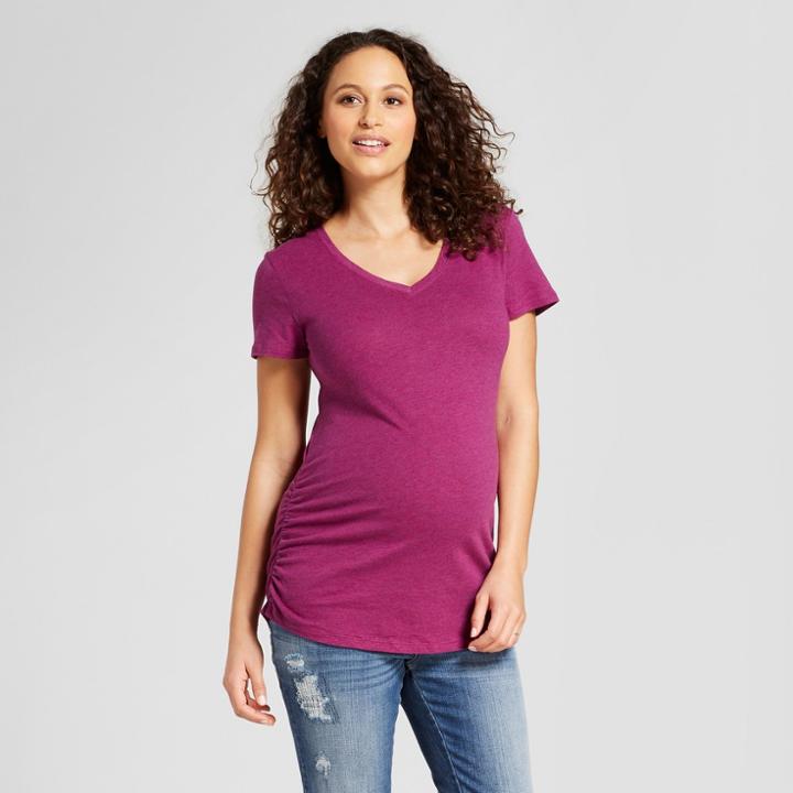 Maternity Side Shirred Striped Short Sleeve V-neck T-shirt - Isabel Maternity By Ingrid & Isabel Forever Berry Heather