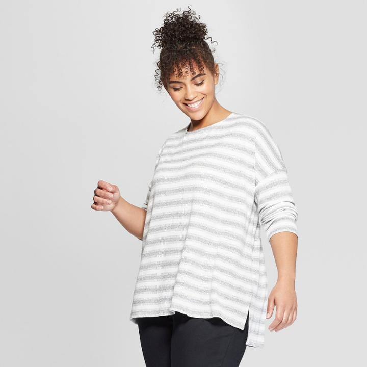 Women's Plus Size Striped Asymmetric Long Sleeve Knit Top - Ava & Viv Gray