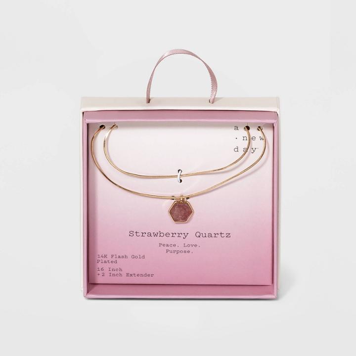 Silver Plated Layered Gold Necklace - A New Day Strawberry Quartz