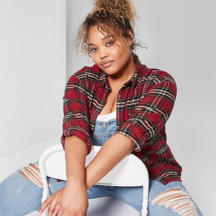 Women's Plus Size Plaid Long Sleeve Button-down Heavy Weight Flannel Shirt - Wild Fable Red 1x, Women's,