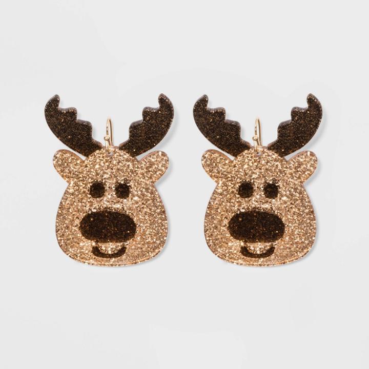 No Brand Glitter Reindeer Drop Novelty Earrings - Brown, Women's,