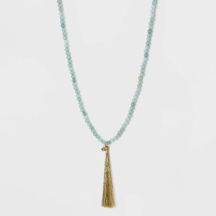 No Brand Semi Precious Beaded Tassel Pendant Necklace - Green/gold, Women's