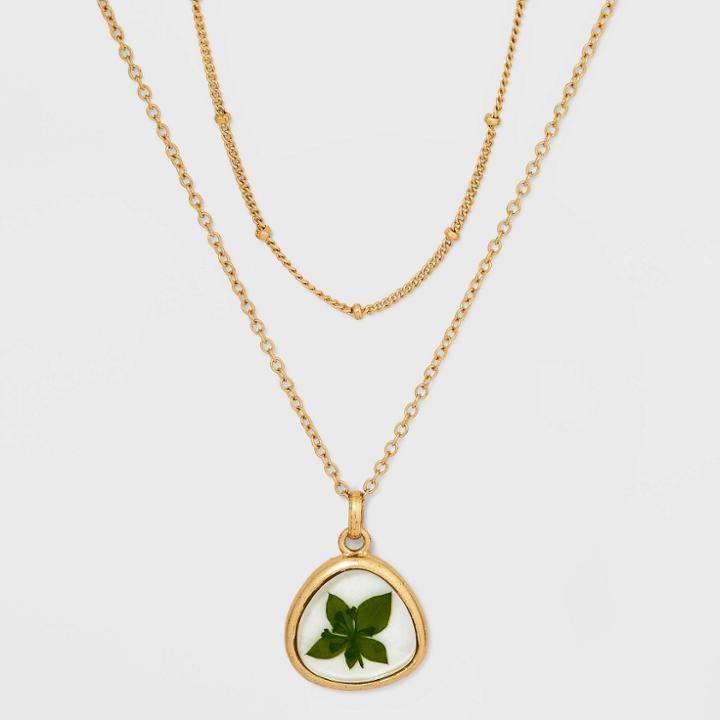 Bella Uno Bellissima Gold Plated Pressed Wildflower Flower Pendant Necklace - Green