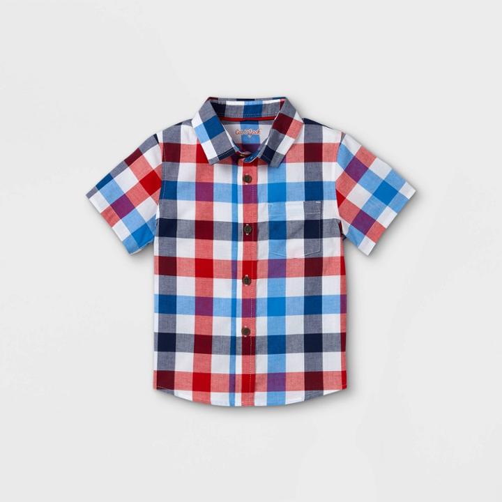 Toddler Boys' Plaid Poplin Woven Short Sleeve Button-down Shirt - Cat & Jack Red