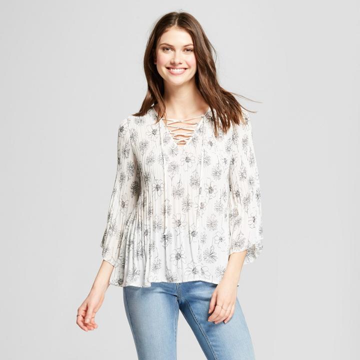 Women's Floral Print 3/4 Sleeve All Over Pleated Lace -up Blouse - Spenser Jeremy - White