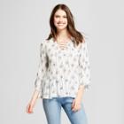 Women's Floral Print 3/4 Sleeve All Over Pleated Lace -up Blouse - Spenser Jeremy - White