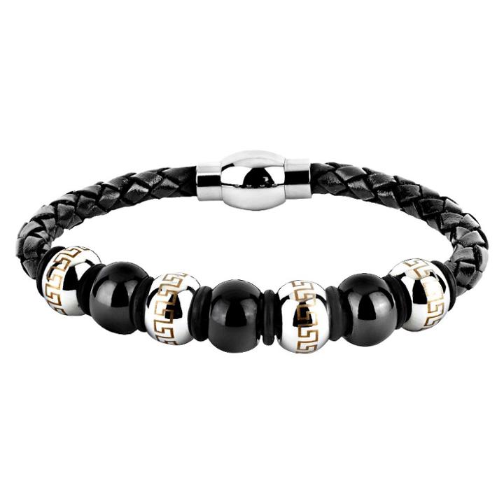 Men's Crucible Stainless Steel And Leather Bead Maze Bracelet - Black