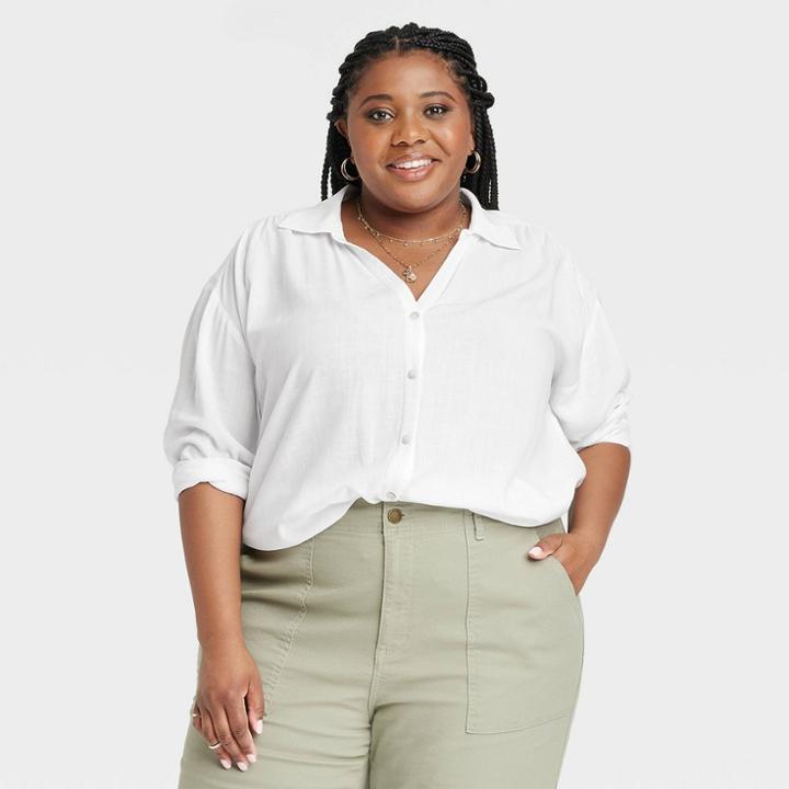 Women's Plus Size Long Sleeve Button-down Shirt - Knox Rose White