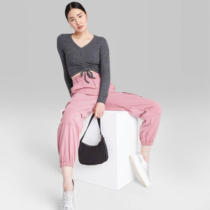Women's Long Sleeve V-neck Ruched Front Fitted Sweater Knit T-shirt - Wild Fable Charcoal